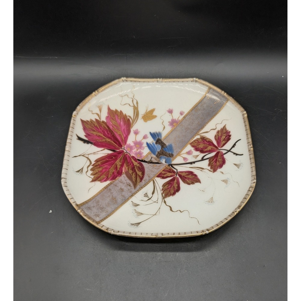 Vintage Hand Painted Porcelain Square Bird Plate Gold Gilded Leaves Nature Art